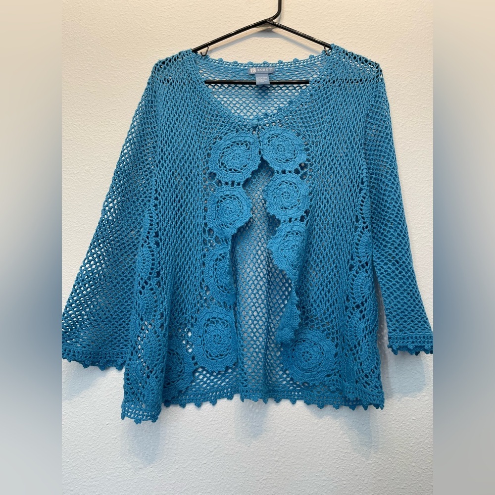 Koret Lot Loose Knit Womens Blue Resort Green Crochet Button Sweater Cardigan L - Picture 11 of 13